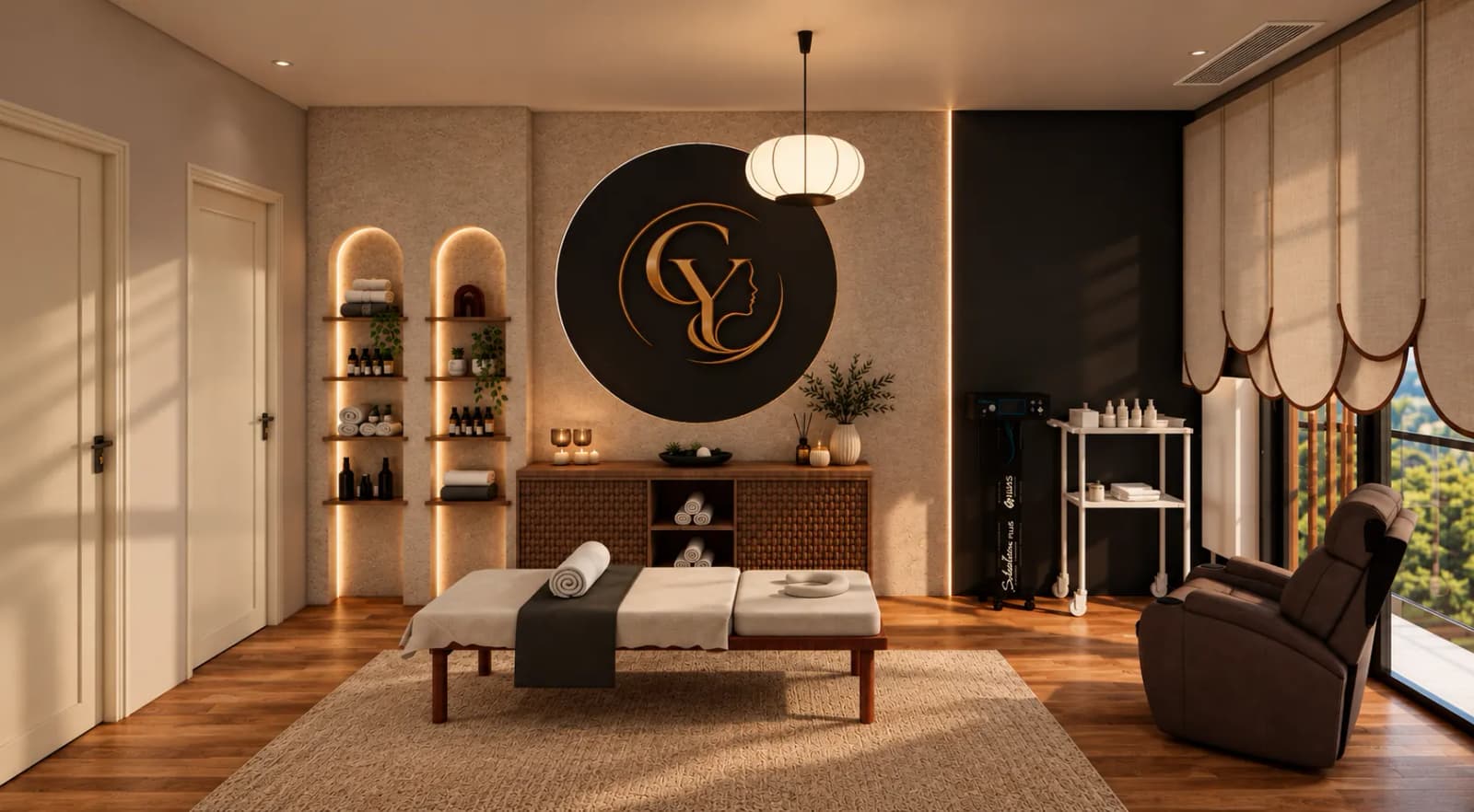 İşlem odası; uygulama yatağı ve aydınlatmalı logo panosu